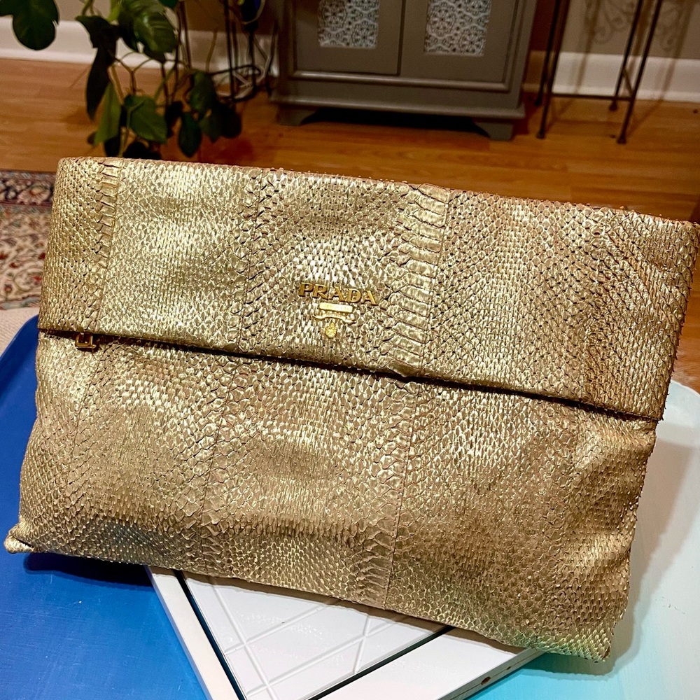 Prada Gold Metallic Viper Snakeskin Clutch Bag